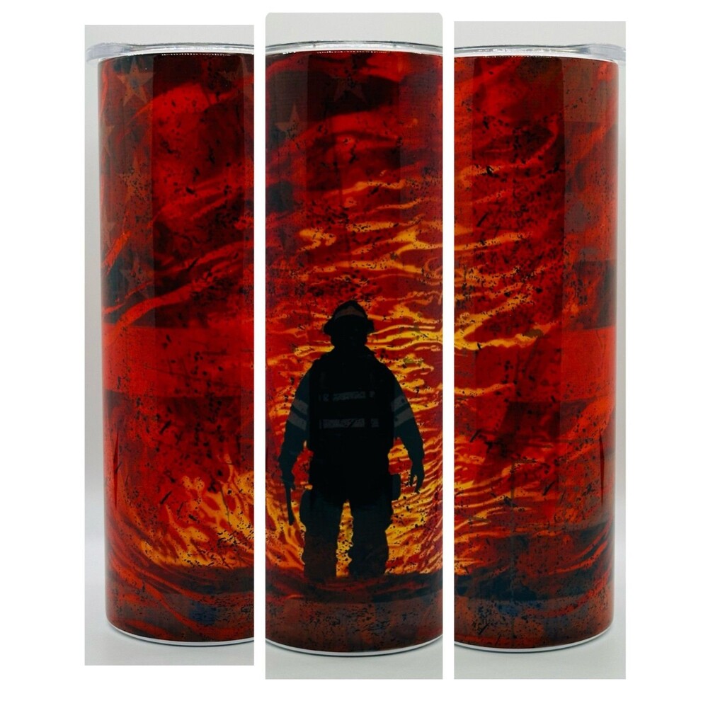 NEW "Firefighter"  20 oz. Stainless Steel Tumbler w/Straw Set & Silicone Tip
